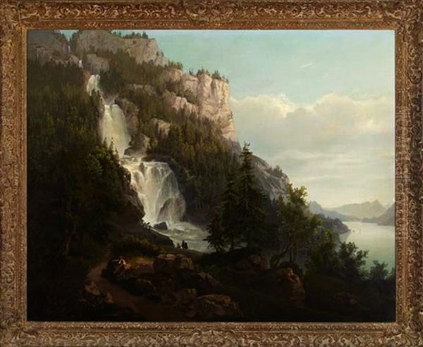 Extensive Alpine Landscape With Waterfall Oil Painting by Arnold Albert Jenny