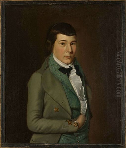 Portrait Of Nathaniel Lawson As A Young Man In A Green Sprigged Waistcoat And Ruffled Shirt Oil Painting by William Jennys