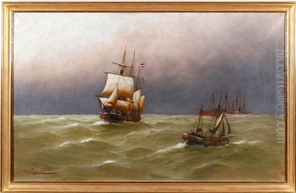 Marine Motif With Sailing Ships At Sea Oil Painting by Alfred Serenius Jensen