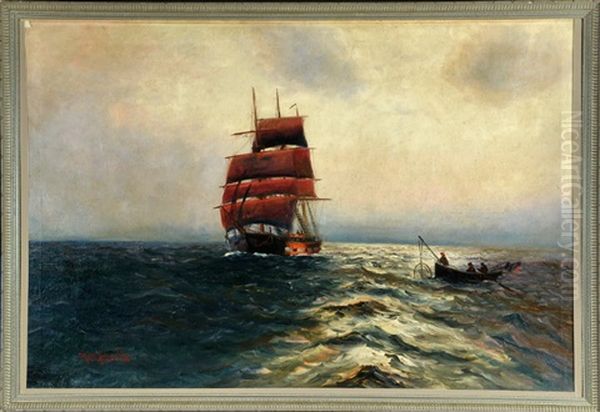 Fischerboot Und Segelschiff Auf See Oil Painting by Alfred Serenius Jensen