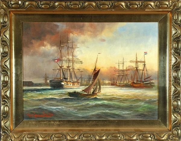 Vor Anker Liegende Segelschiffe Mit Stadtsilhouette Im Hintergrund Oil Painting by Alfred Serenius Jensen