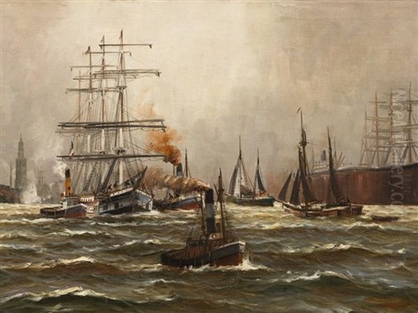 Harbour Of Hamburg With Ships Oil Painting by Alfred Serenius Jensen