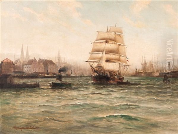 Ships In The Port Oil Painting by Alfred Serenius Jensen