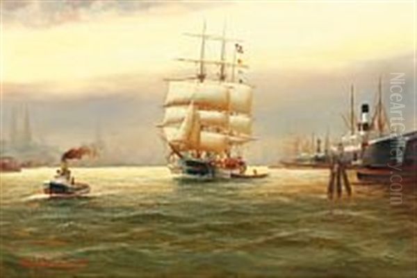 Harbour Scene From Hamburg With Pilot Boat And Ship Flying The Danish Flag Oil Painting by Alfred Serenius Jensen