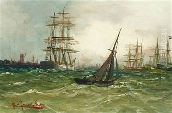 Seascape With Numerous Sailing Ships Outside A Port Oil Painting by Alfred Serenius Jensen