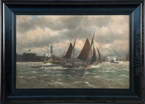 A Tug And Boats In Busy Harbor Channel Oil Painting by Alfred Serenius Jensen