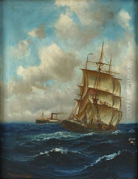 Dampfer Und Dreimastbark Auf Hoher See Oil Painting by Alfred Serenius Jensen