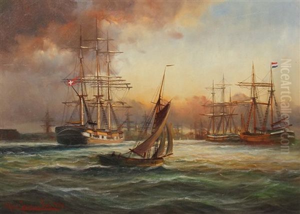 Segler Vor Der Kuste Oil Painting by Alfred Serenius Jensen