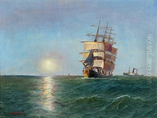 Seascape With A Full-rigged Ship And A Steamer In Low Sun Oil Painting by Alfred Serenius Jensen