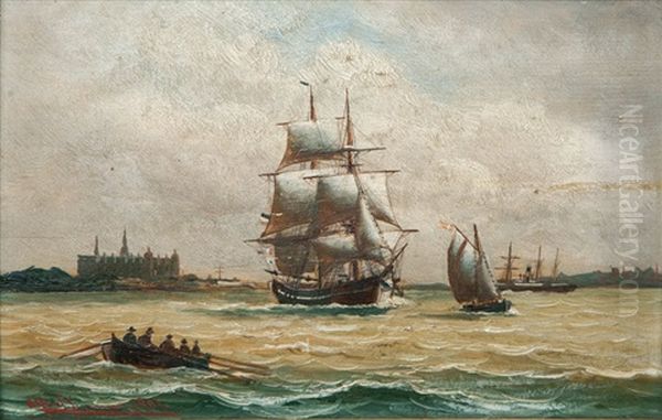 Ships Off Kronborg Castle Oil Painting by Alfred Serenius Jensen