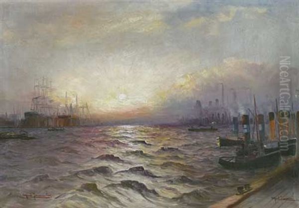 Hamburger Hafen Im Dammerlicht Oil Painting by Alfred Serenius Jensen