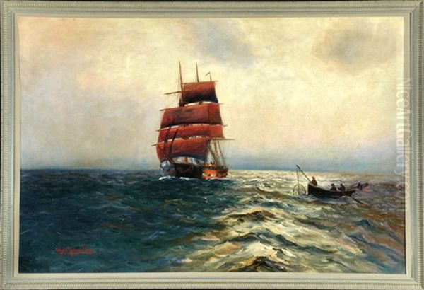 Dreimaster Und Fischerboot Auf Hoher See Oil Painting by Alfred Serenius Jensen