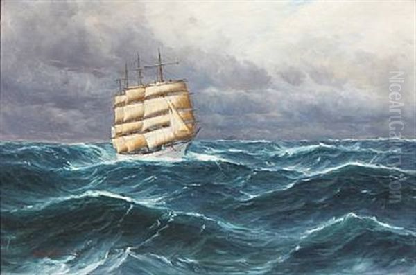 Seascape With A Saling Ship In High Waves Oil Painting by Alfred Serenius Jensen