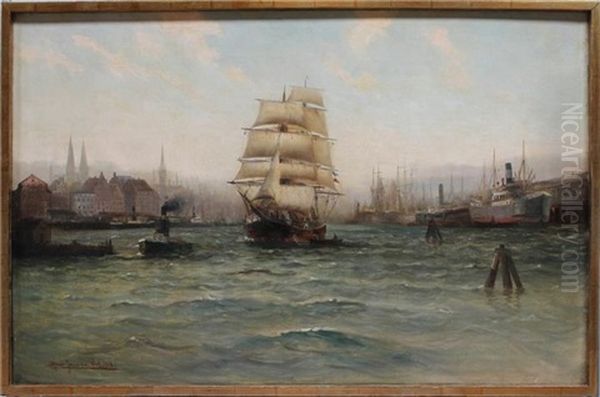 Blick In Den Hamburger Hafen Mit Auslaufendem Segelschiff Oil Painting by Alfred Serenius Jensen