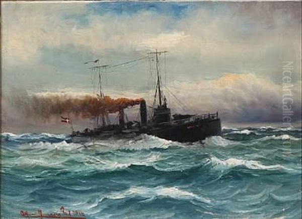 Seascape With A Torpedo Ship In Rough Sea Oil Painting by Alfred Serenius Jensen