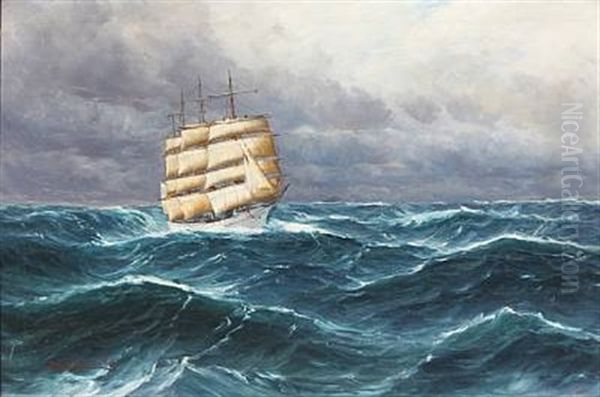 Seascape With A Saling Ship In High Waves Oil Painting by Alfred Serenius Jensen