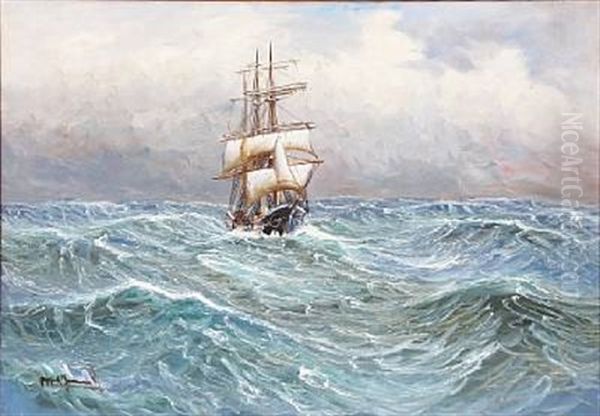 Seascape With A Sailing Ship In High Waves Oil Painting by Alfred Serenius Jensen