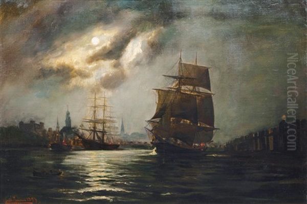 Moon Over The Port Of Hamburg Oil Painting by Alfred Serenius Jensen