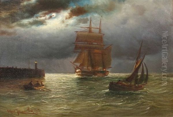 Segelschiff Und Boote Vor Der Mole Bei Vollmond Oil Painting by Alfred Serenius Jensen