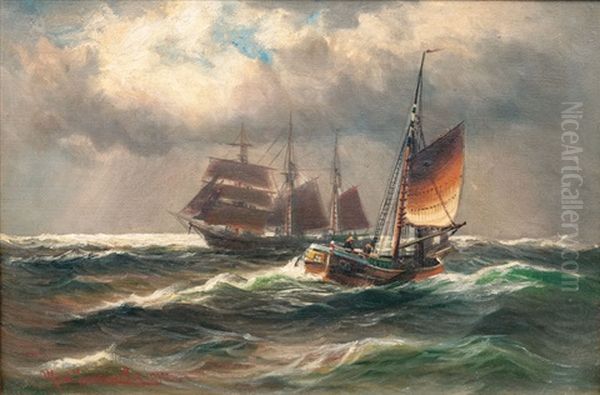 Two Sailing Ships Oil Painting by Alfred Serenius Jensen