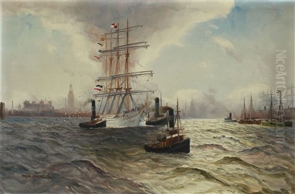 View Of Hamburg Harbour With A Sailing Boat And Tugs Oil Painting by Alfred Serenius Jensen