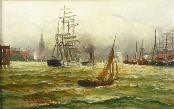 Schiffe Im Hamburger Hafen Oil Painting by Alfred Serenius Jensen