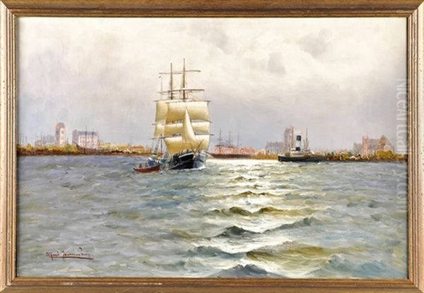 Dreimaster Lauft Aus Dem Wismarer Hafen Aus Oil Painting by Alfred Serenius Jensen