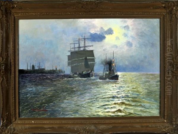 Schlepper Mit Segelschiff Im Hafen Von Cuxhaven Bei Mondschein Oil Painting by Alfred Serenius Jensen