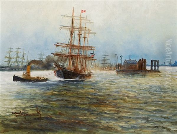 Tugboat With Four Master In The Harbour Oil Painting by Alfred Serenius Jensen