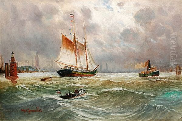 Port Of Hamburg With Sailing Ship Oil Painting by Alfred Serenius Jensen