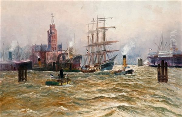 Harbour Of Hamburg Oil Painting by Alfred Serenius Jensen