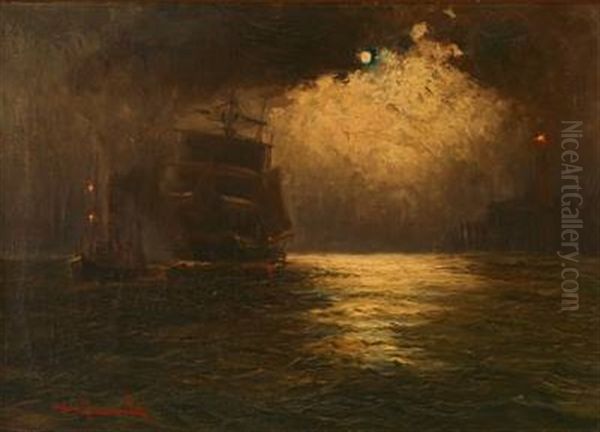 Seascape With Sailing Ships At Sea In Moonlight Oil Painting by Alfred Serenius Jensen