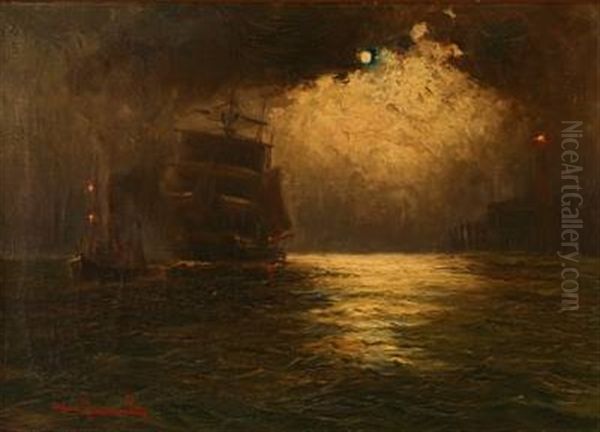 Seascape With Sailing Ships In Moonlight Oil Painting by Alfred Serenius Jensen