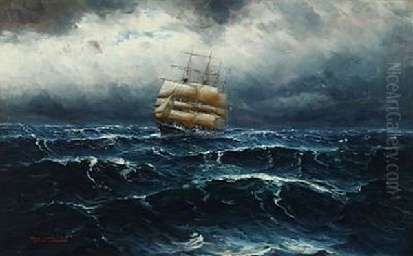 Seascape With Sailing Boats In Rough Sea Oil Painting by Alfred Serenius Jensen