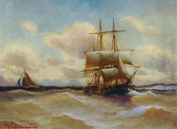 Barque On Choppy Sea Oil Painting by Alfred Serenius Jensen