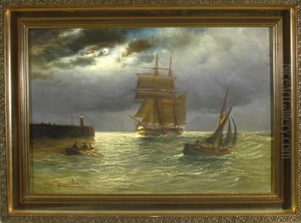 Segelschiff Und Kleinere Boote Bei Vollmond Im Hafen Oil Painting by Alfred Serenius Jensen