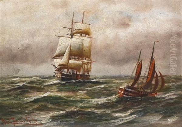 Dreimaster Mit Lotsenboot In Der Elbmundung Oil Painting by Alfred Serenius Jensen