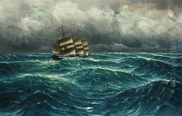 Seascape With Sailing Ship On Rough Sea Oil Painting by Alfred Serenius Jensen