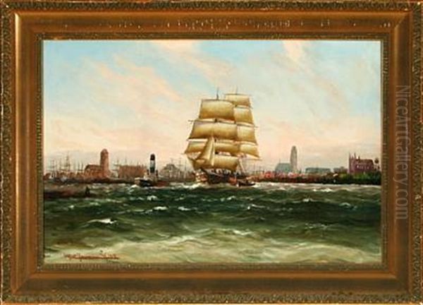 Outgoing Ships At The Port Of Hamburg Oil Painting by Alfred Serenius Jensen