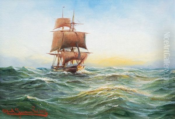 A Three-master On The Sea Oil Painting by Alfred Serenius Jensen