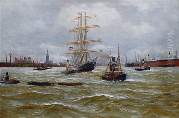 Bark And Tugboat In Hamburg Harbour Oil Painting by Alfred Serenius Jensen