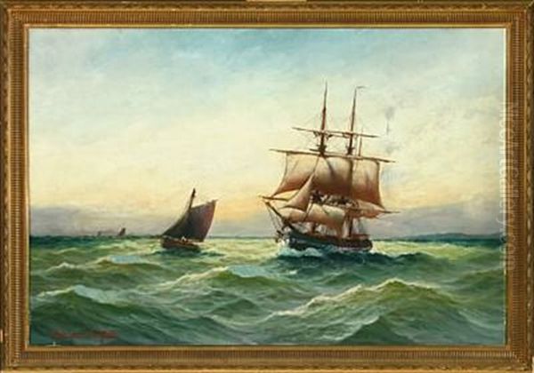 Seascape With Ships Oil Painting by Alfred Serenius Jensen