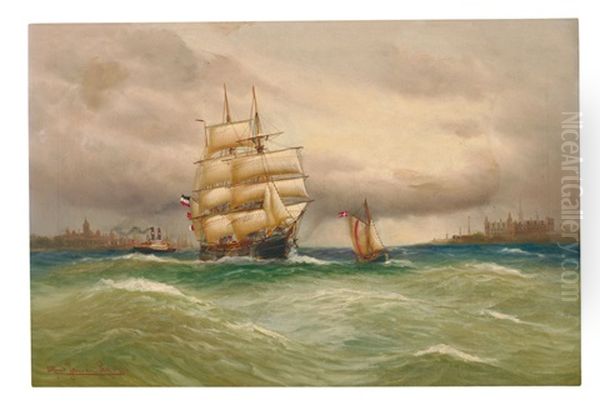 Marine Mit Segelbooten, Im Hintergrund Stadtsilhouette Oil Painting by Alfred Serenius Jensen