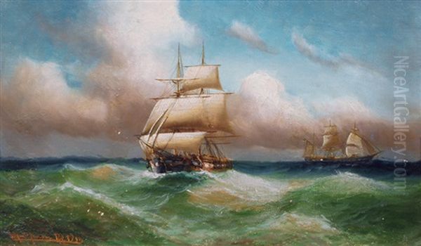 Two Three Masters At Sea Oil Painting by Alfred Serenius Jensen