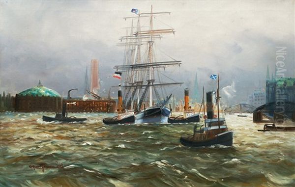 Three Master And Towboats In Hamburg Oil Painting by Alfred Serenius Jensen