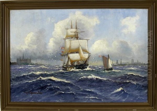 Dreimaster In Begleitung Eines Schwedischen Lotsenbootes Im Sund Von Helsingor Und Helsingborg Oil Painting by Alfred Serenius Jensen