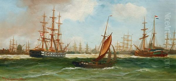 Ships In Front Of A Busy Harbour by Alfred Serenius Jensen