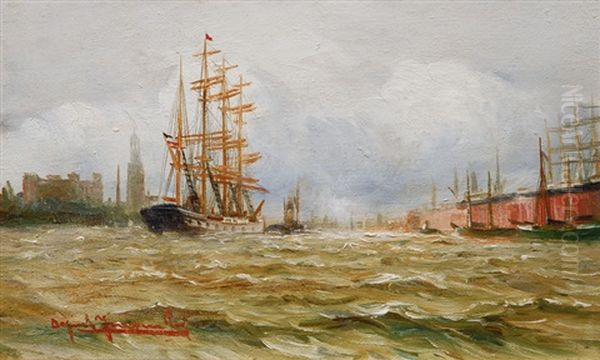 Harbour In Hamburg Oil Painting by Alfred Serenius Jensen