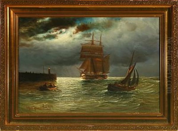 Seascape With Sailing Ship And Rowing Boat In The Moonlight Oil Painting by Alfred Serenius Jensen