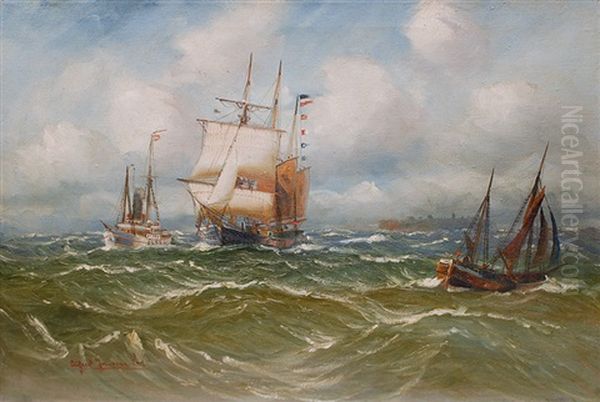 Gaff Schooner In Front Of Helgoland Oil Painting by Alfred Serenius Jensen